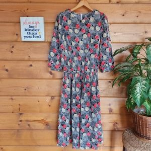 Shelly Michaels 💜 Vintage Floral Midi Dress Pleated Metallic Rose Stretch Sz 14